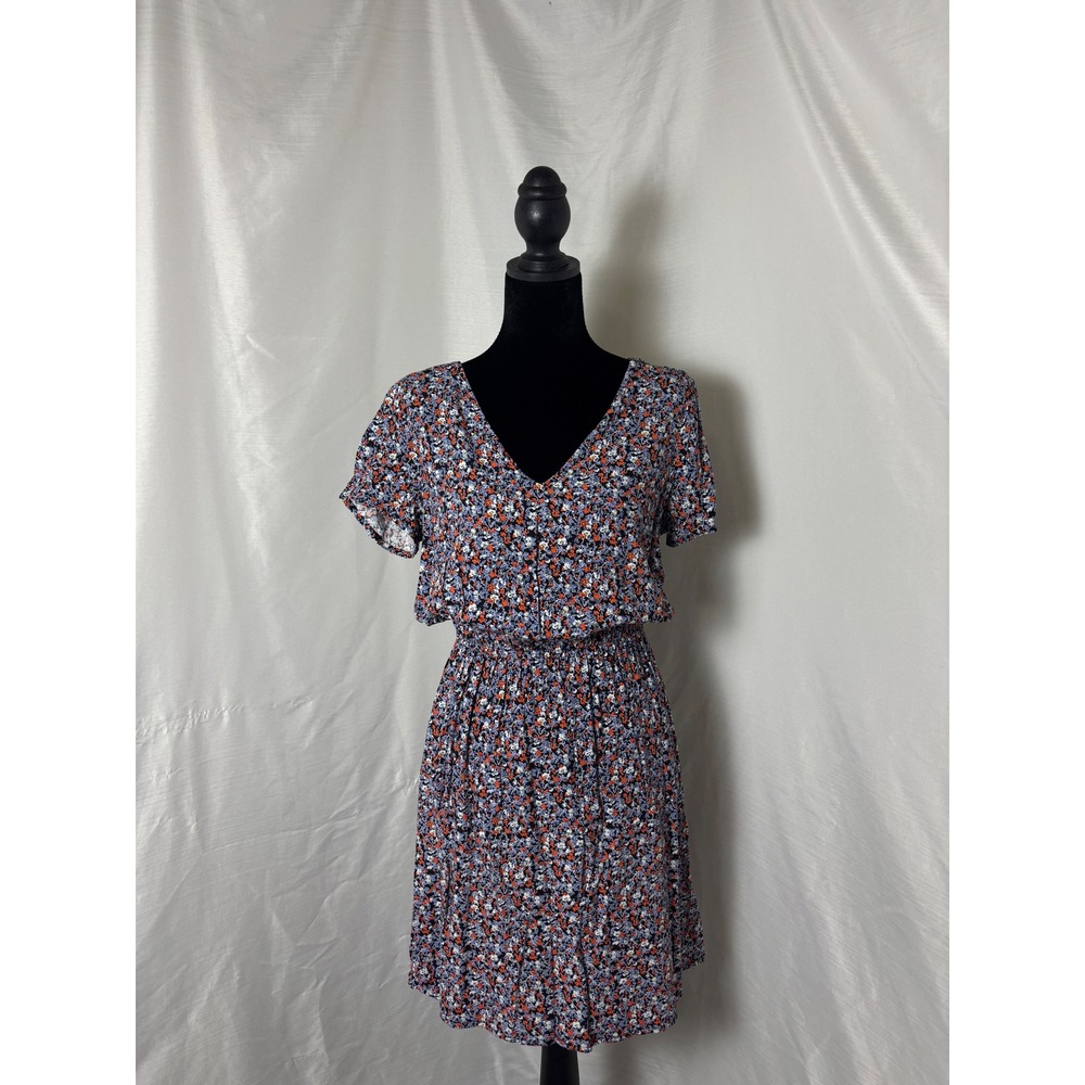 Gap Womens Floral V-Neck Mini Dress Blue Orange Short Sleeve Keyhole Back Small